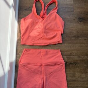 ALO Yoga Vibrant Coral Sports Bra and Leggings